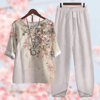 Blumendruck Damen Set - Bequemes Freizeit Outfit Zweiteiler-Grau-S-Luzern Mode