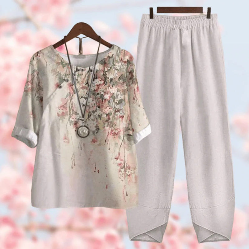Blumendruck Damen Set - Bequemes Freizeit Outfit Zweiteiler-Grau-S-Luzern Mode