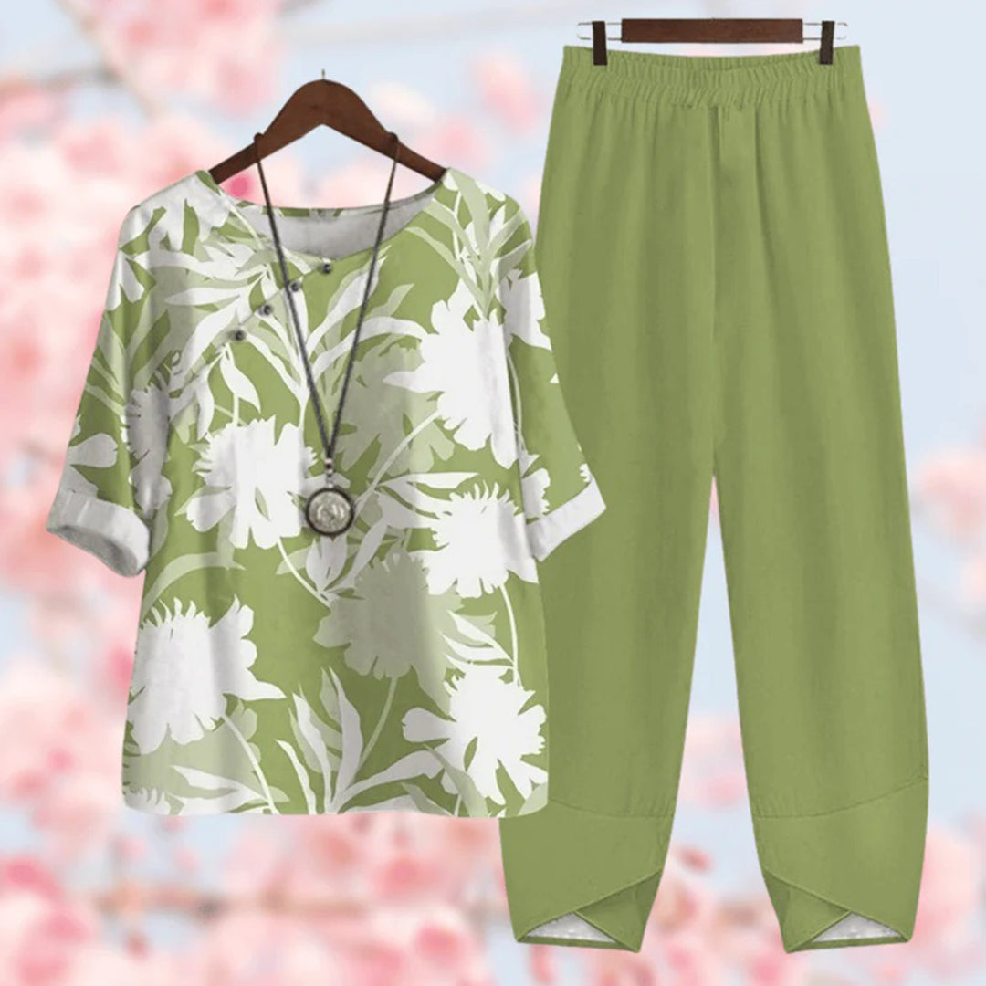Blumendruck Damen Set - Bequemes Freizeit Outfit Zweiteiler-Grün-S-Luzern Mode