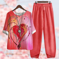 Blumendruck Damen Set - Bequemes Freizeit Outfit Zweiteiler-Rot-S-Luzern Mode
