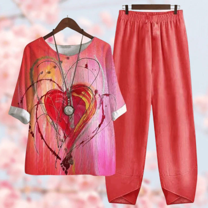 Blumendruck Damen Set - Bequemes Freizeit Outfit Zweiteiler-Rot-S-Luzern Mode