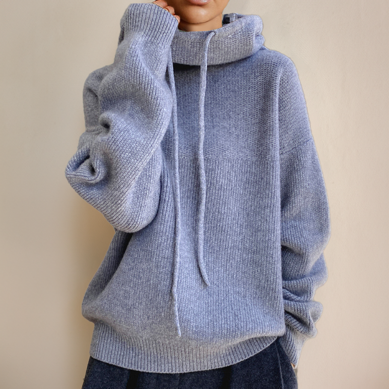 Damen Strickpullover mit Kapuze - Kuscheliger Hoodie Look-Blau-S-Luzern Mode