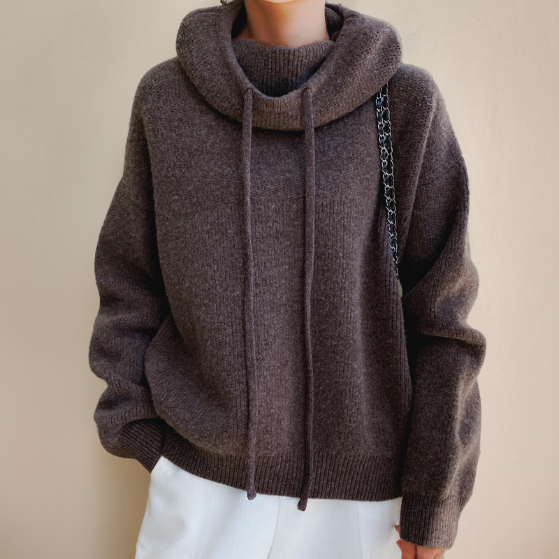 Damen Strickpullover mit Kapuze - Kuscheliger Hoodie Look-Braun-S-Luzern Mode