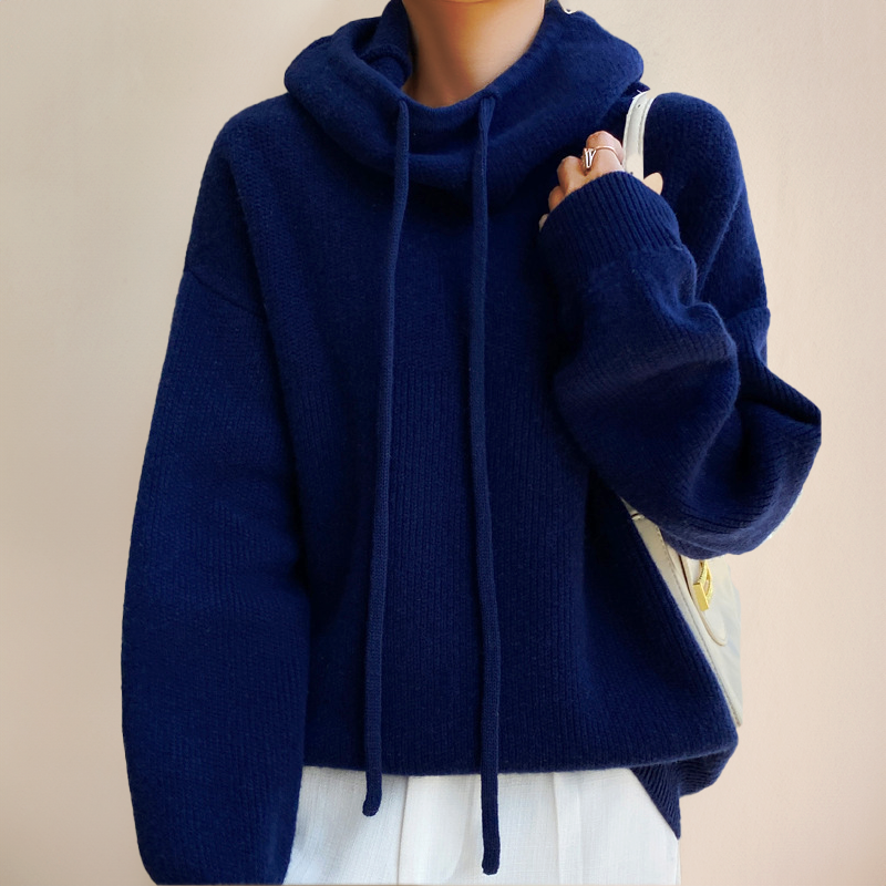 Damen Strickpullover mit Kapuze - Kuscheliger Hoodie Look-Dunkelblau-S-Luzern Mode