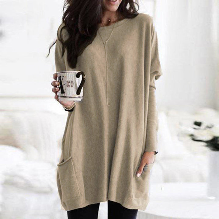 Damen Oversize Pullover mit Taschen und Rundhalsausschnitt-Beige-S-Luzern Mode