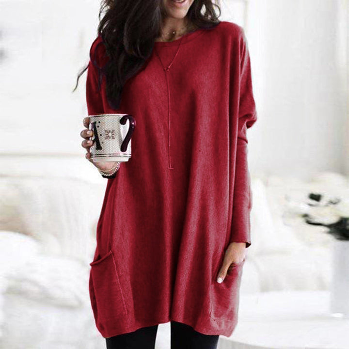 Damen Oversize Pullover mit Taschen und Rundhalsausschnitt-Bordeaux-S-Luzern Mode