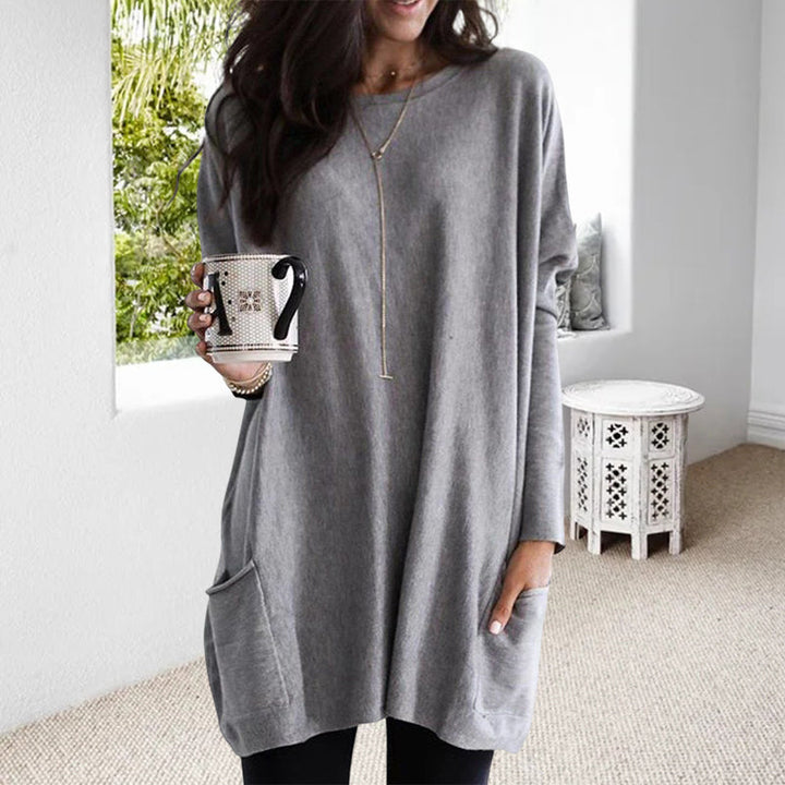 Damen Oversize Pullover mit Taschen und Rundhalsausschnitt-Grau-S-Luzern Mode