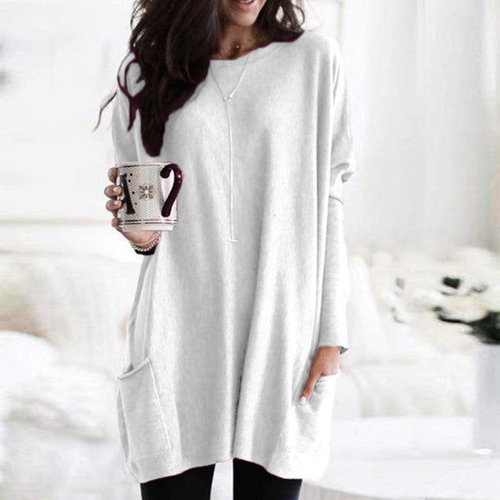 Damen Oversize Pullover mit Taschen und Rundhalsausschnitt-Weiß-S-Luzern Mode