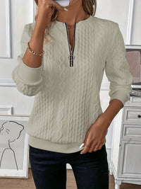 Damen Strickpullover mit Reißverschluss und Zopfmuster-Beige-S-Luzern Mode