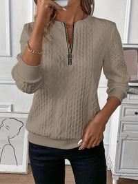 Damen Strickpullover mit Reißverschluss und Zopfmuster-Braun-S-Luzern Mode