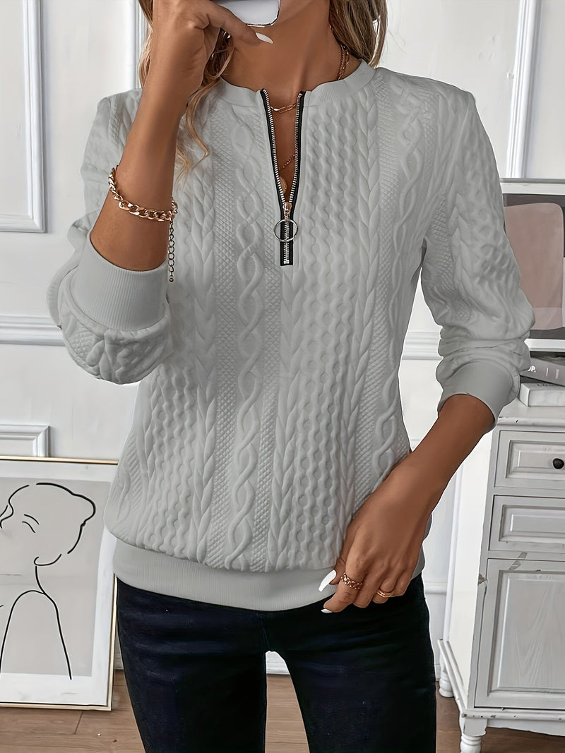 Damen Strickpullover mit Reißverschluss und Zopfmuster-Grau-S-Luzern Mode