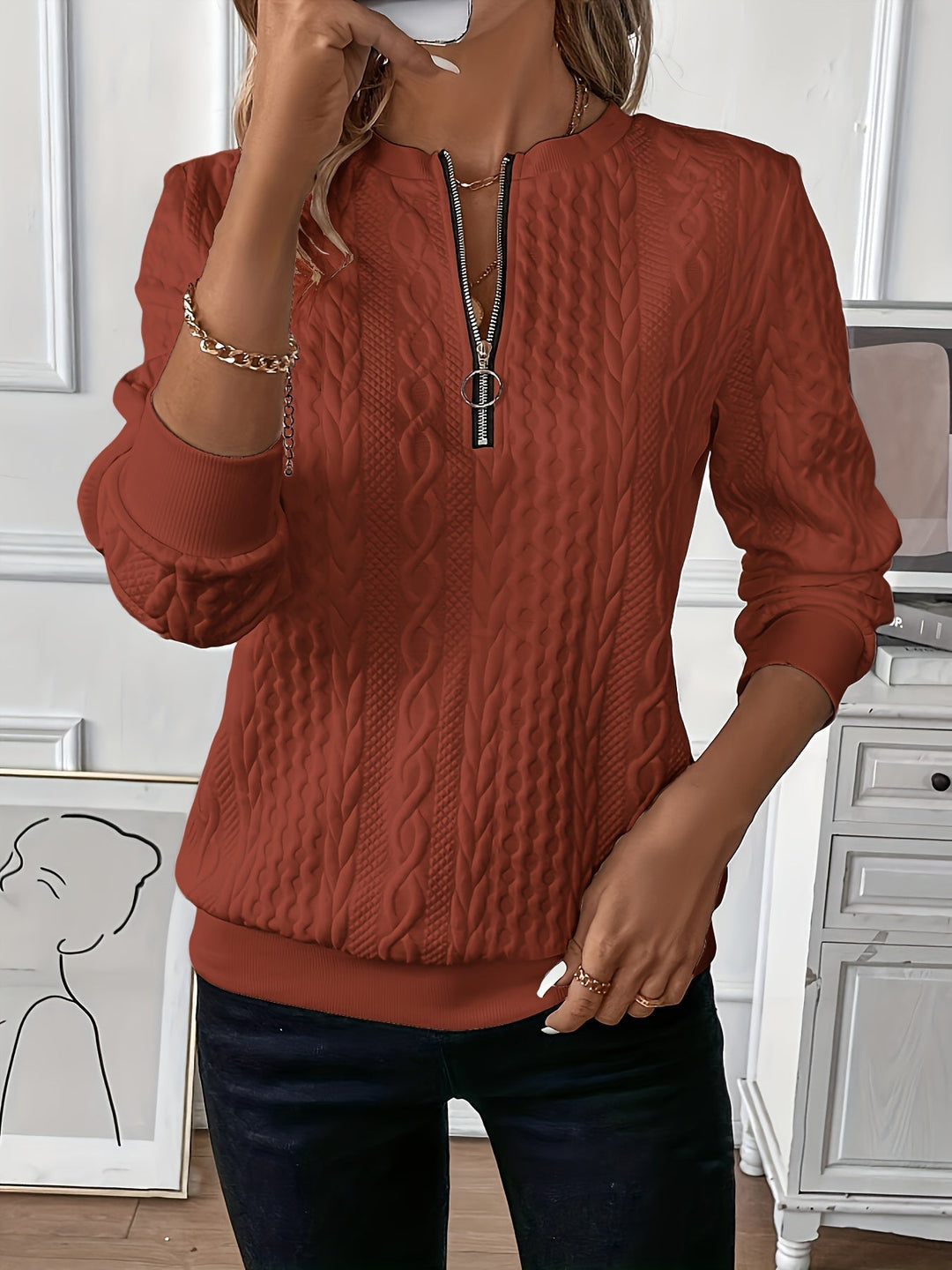 Damen Strickpullover mit Reißverschluss und Zopfmuster-Rot-S-Luzern Mode