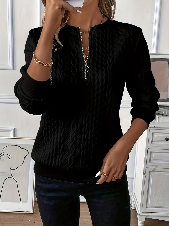 Damen Strickpullover mit Reißverschluss und Zopfmuster-Schwarz-S-Luzern Mode
