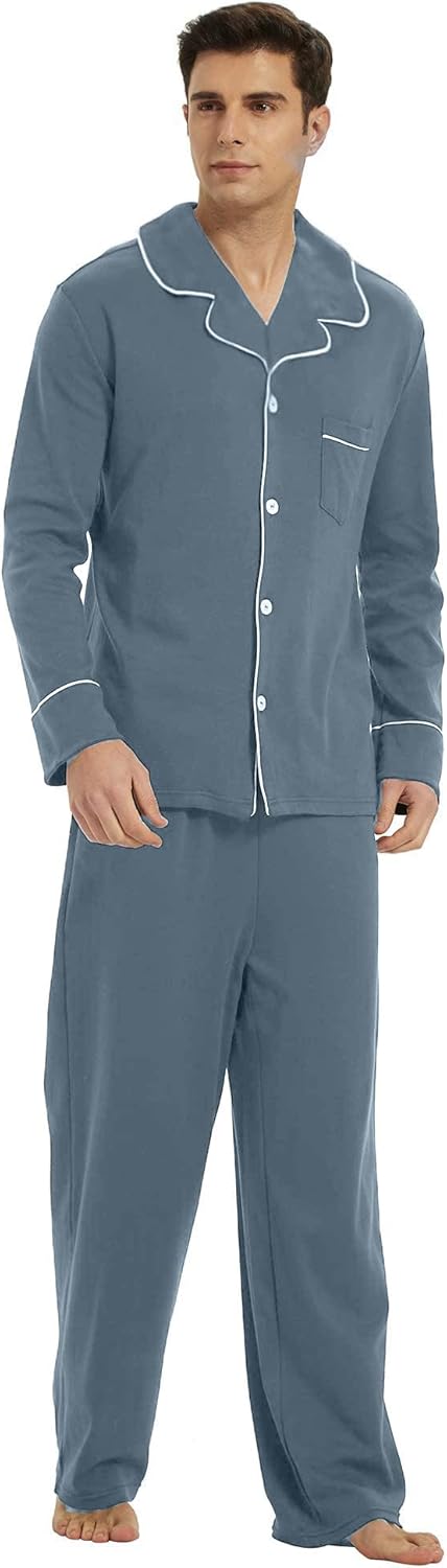 Herren Pyjama Set aus Baumwolle mit Knopfleiste, Langarm-Dunkelblau-S-Luzern Mode