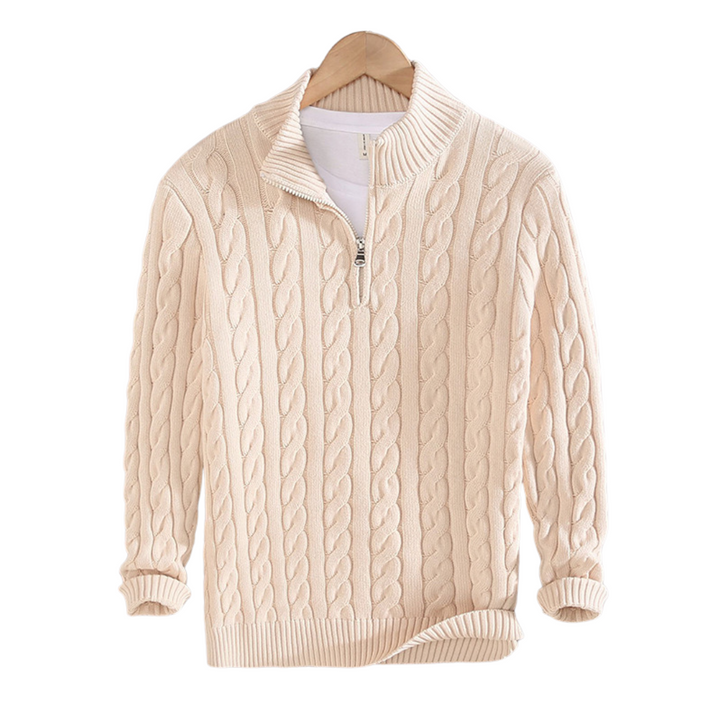 Herren Strickpullover mit Reißverschluss und Stehkragen-Beige-S-Luzern Mode