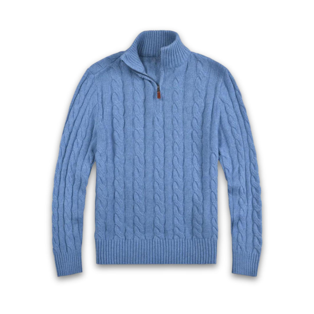 Herren Strickpullover mit Reißverschluss und Stehkragen-Blau-S-Luzern Mode