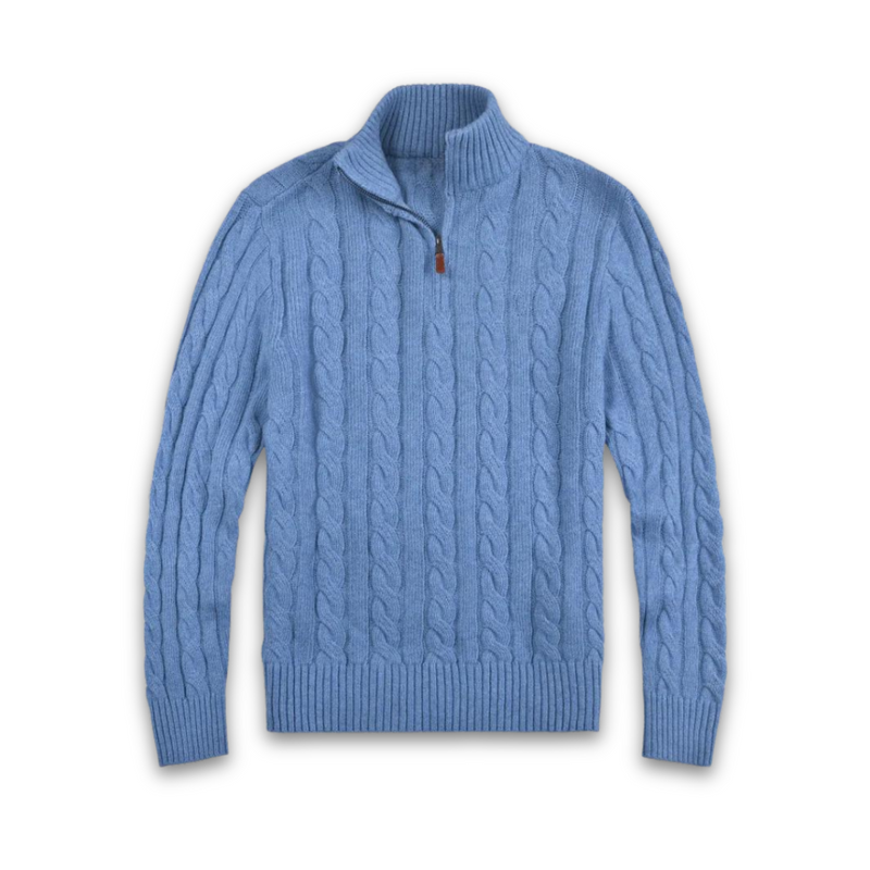 Herren Strickpullover mit Reißverschluss und Stehkragen-Blau-S-Luzern Mode