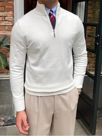 Herren Strickpullover mit Reißverschluss und Stehkragen-Weiß-S-Luzern Mode