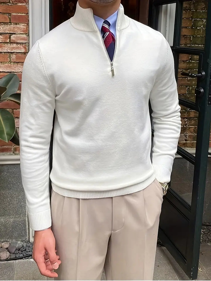 Herren Strickpullover mit Reißverschluss und Stehkragen-Weiß-S-Luzern Mode