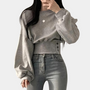 Damen Pullover mit Rundhalsausschnitt und Rippbündchen-Grau-XS-Luzern Mode