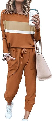 Damen Freizeit Jumpsuit mit Taschen und Langarm Design-Braun Gestreift-S-Luzern Mode