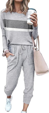 Damen Freizeit Jumpsuit mit Taschen und Langarm Design-Grau Gestreift-S-Luzern Mode