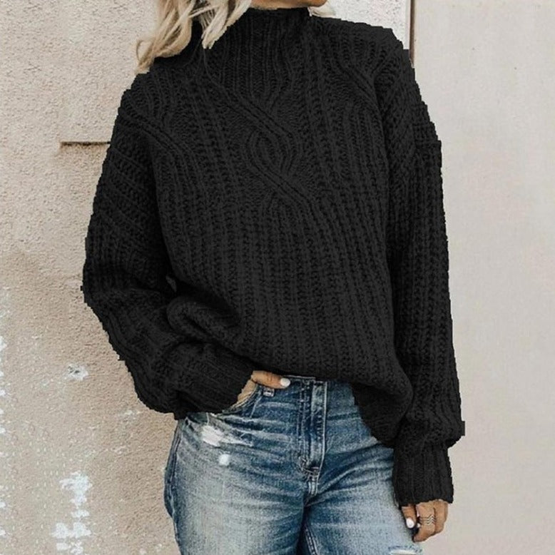 Damen Strickpullover mit Zopfmuster - Modischer Look-Schwarz-XS-Luzern Mode