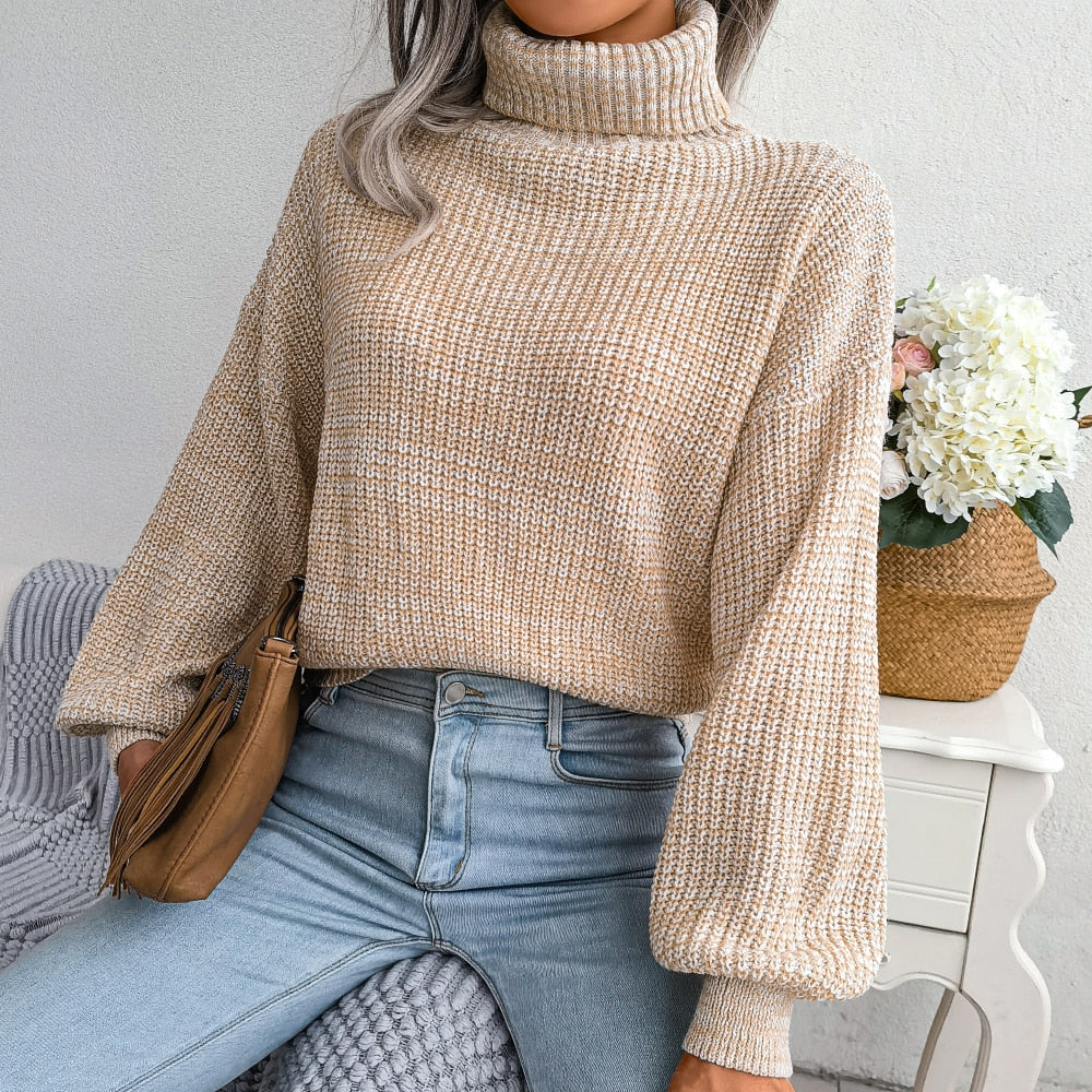 Damen Rollkragenpullover Strickmode Herbst Winter Outfit-Aprikose-S-Luzern Mode