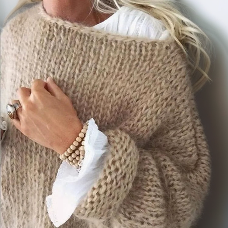 Damen Strickpullover mit Rundhals - Kuscheliger Winterpullover-Khaki-S-Luzern Mode