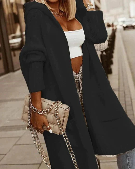 Damen Langer Kapuzen-Cardigan für Herbst und Winter-Schwarz-S-Luzern Mode