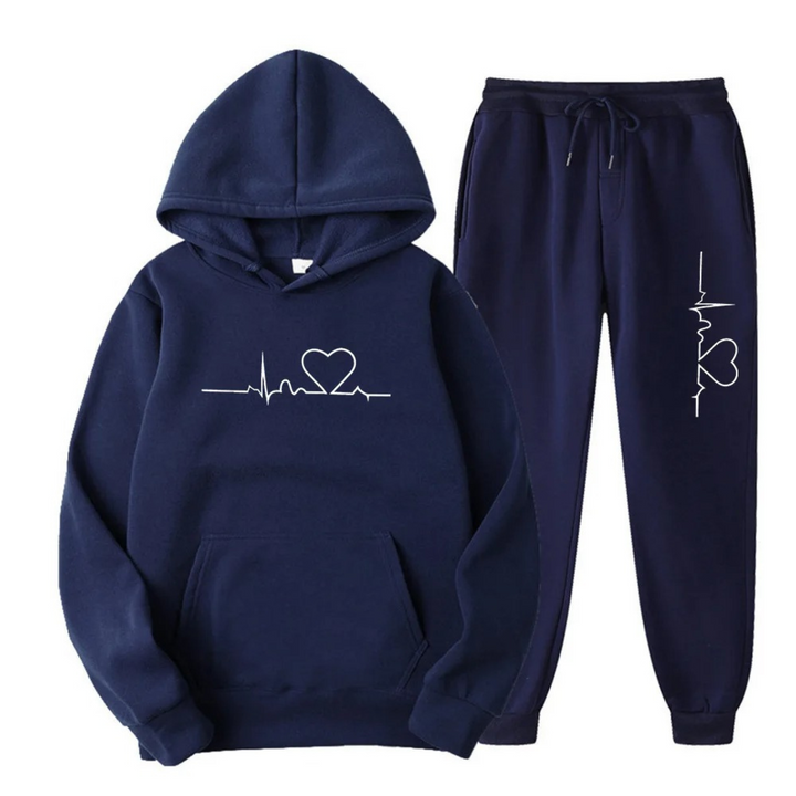 Herzschlag Hoodie und Jogginghose Set für Damen und Herren-Dunkelblau-S-Luzern Mode