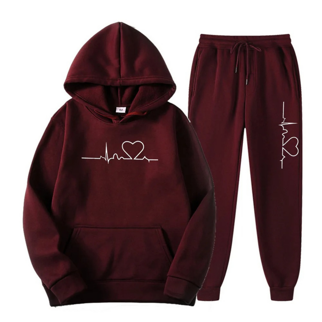 Herzschlag Hoodie und Jogginghose Set für Damen und Herren-Dunkelbraun-S-Luzern Mode