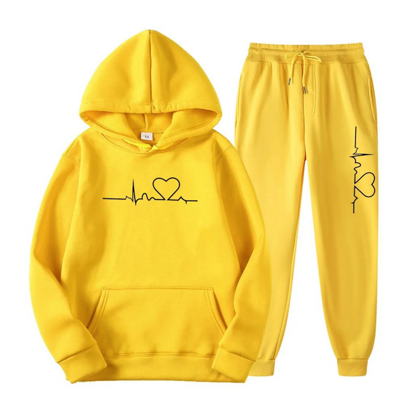 Herzschlag Hoodie und Jogginghose Set für Damen und Herren-Gelb-S-Luzern Mode
