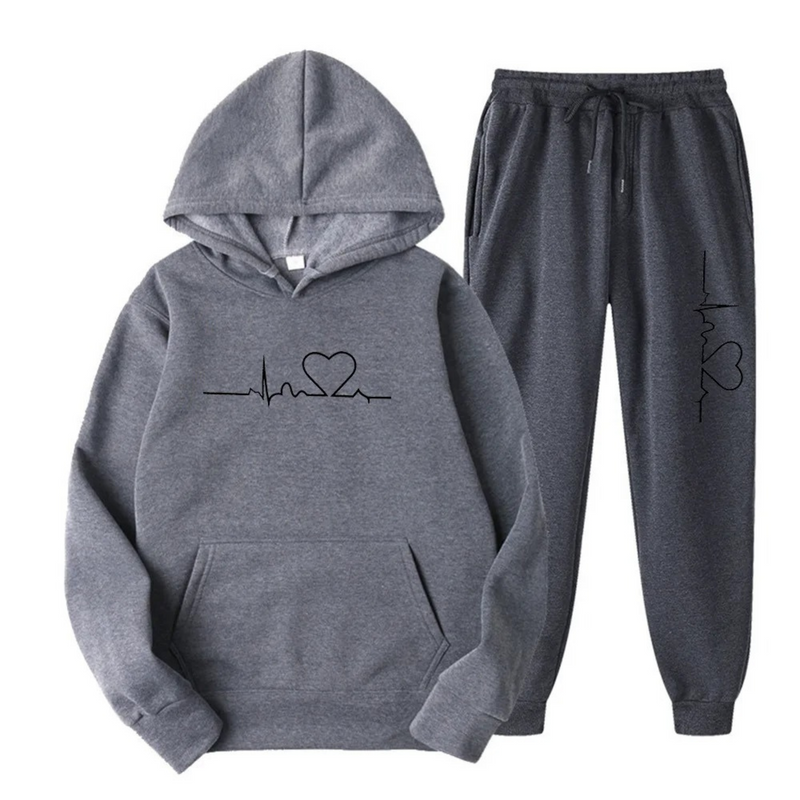 Herzschlag Hoodie und Jogginghose Set für Damen und Herren-Grau-S-Luzern Mode