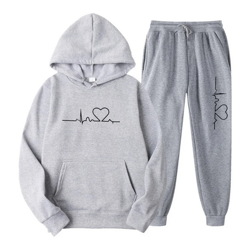 Herzschlag Hoodie und Jogginghose Set für Damen und Herren-Hellgrau-S-Luzern Mode