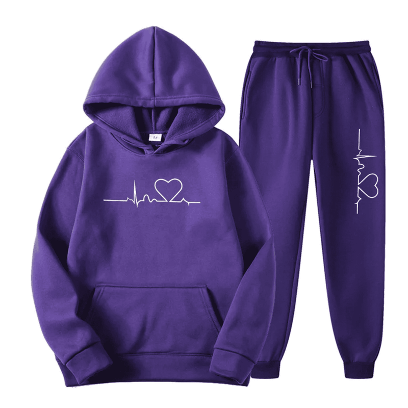 Herzschlag Hoodie und Jogginghose Set für Damen und Herren-Lila-S-Luzern Mode