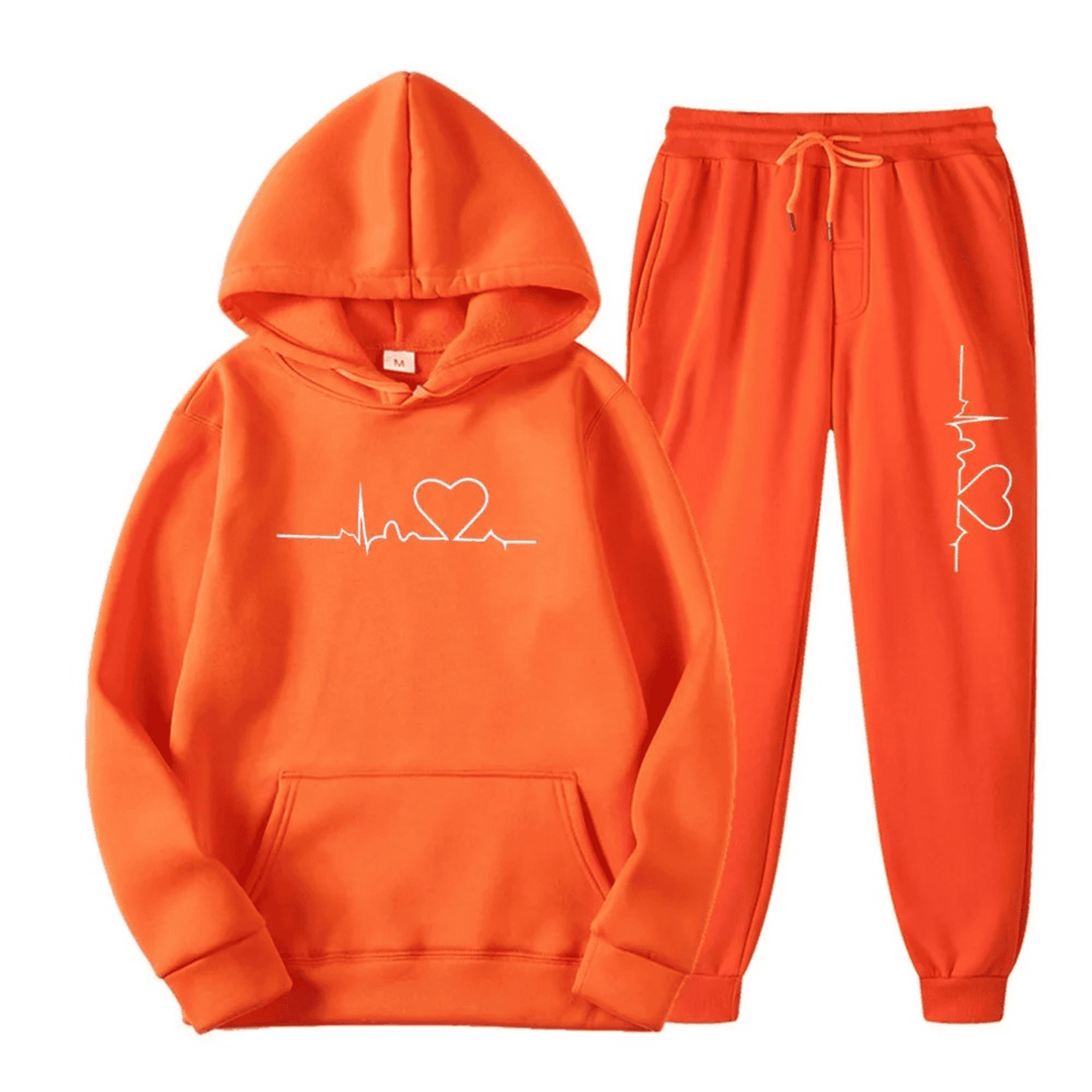 Herzschlag Hoodie und Jogginghose Set für Damen und Herren-Orange-S-Luzern Mode