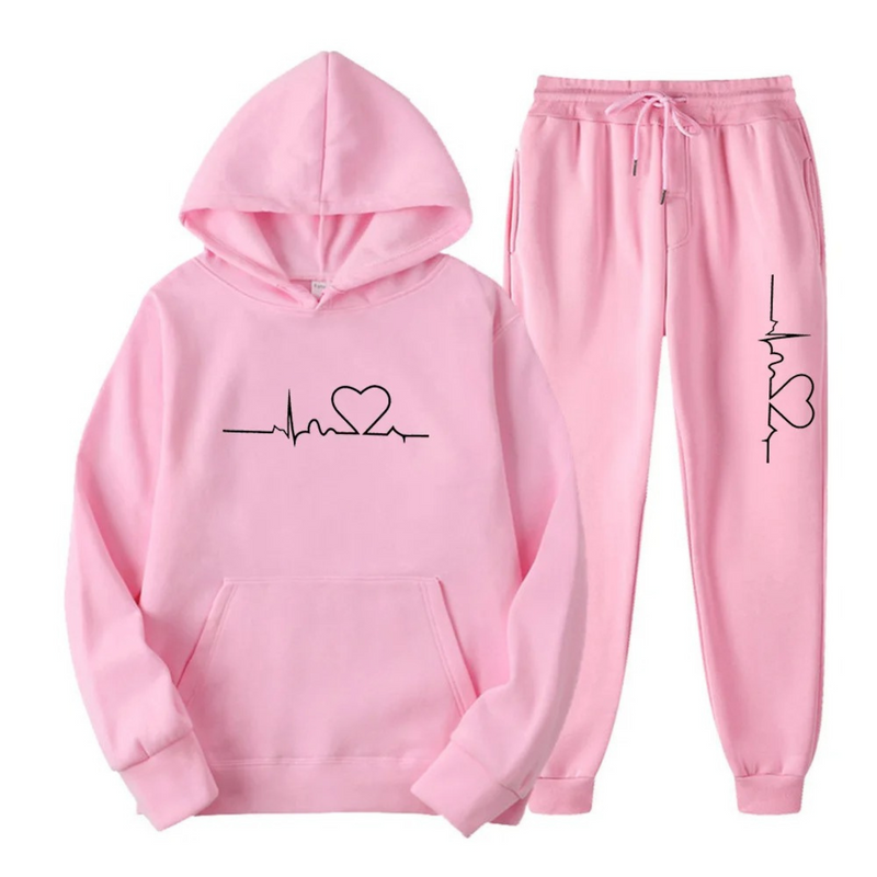 Herzschlag Hoodie und Jogginghose Set für Damen und Herren-Rosa-S-Luzern Mode