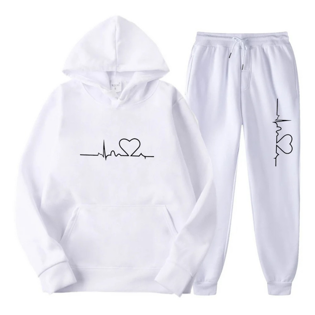 Herzschlag Hoodie und Jogginghose Set für Damen und Herren-Weiß-S-Luzern Mode