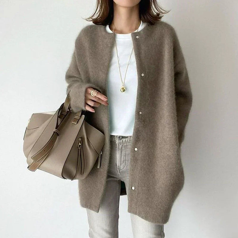 Damen Strickjacke aus Wollmischung mit Knopfleiste-Braun-S-Luzern Mode