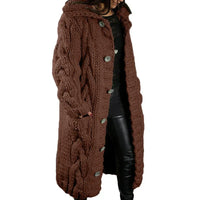 Damen Strickmantel mit Kapuze und Knopfleiste - Wintermode-Braun-S-Luzern Mode