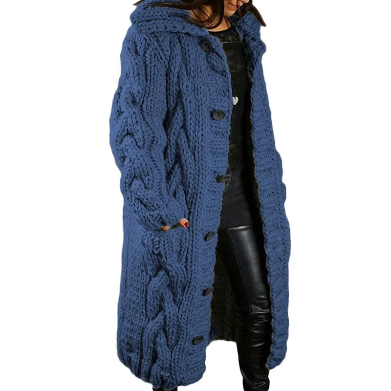 Damen Strickmantel mit Kapuze und Knopfleiste - Wintermode-Dunkelblau-S-Luzern Mode