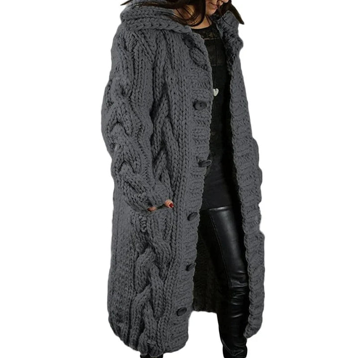 Damen Strickmantel mit Kapuze und Knopfleiste - Wintermode-Dunkelgrau-S-Luzern Mode