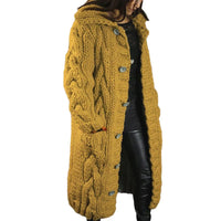 Damen Strickmantel mit Kapuze und Knopfleiste - Wintermode-Gelb-S-Luzern Mode