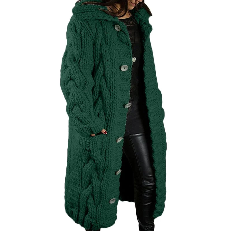 Damen Strickmantel mit Kapuze und Knopfleiste - Wintermode-Groen-S-Luzern Mode