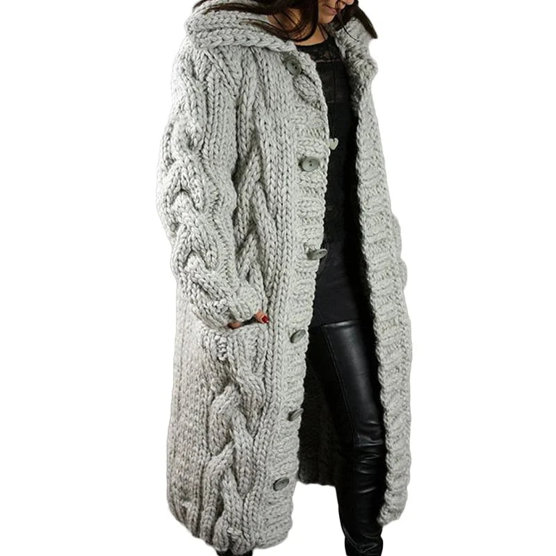 Damen Strickmantel mit Kapuze und Knopfleiste - Wintermode-Hellgrau-S-Luzern Mode