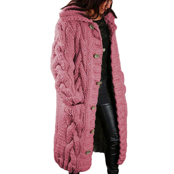 Damen Strickmantel mit Kapuze und Knopfleiste - Wintermode-Rosa-S-Luzern Mode