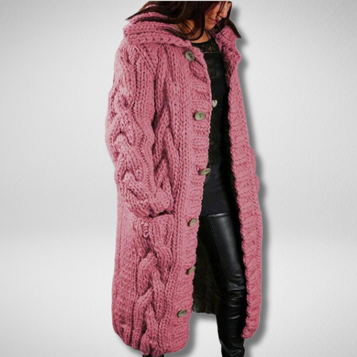 Damen Strickmantel mit Kapuze und Knopfleiste - Wintermode-Luzern Mode