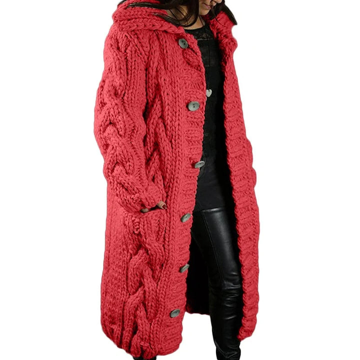 Damen Strickmantel mit Kapuze und Knopfleiste - Wintermode-Rot-S-Luzern Mode