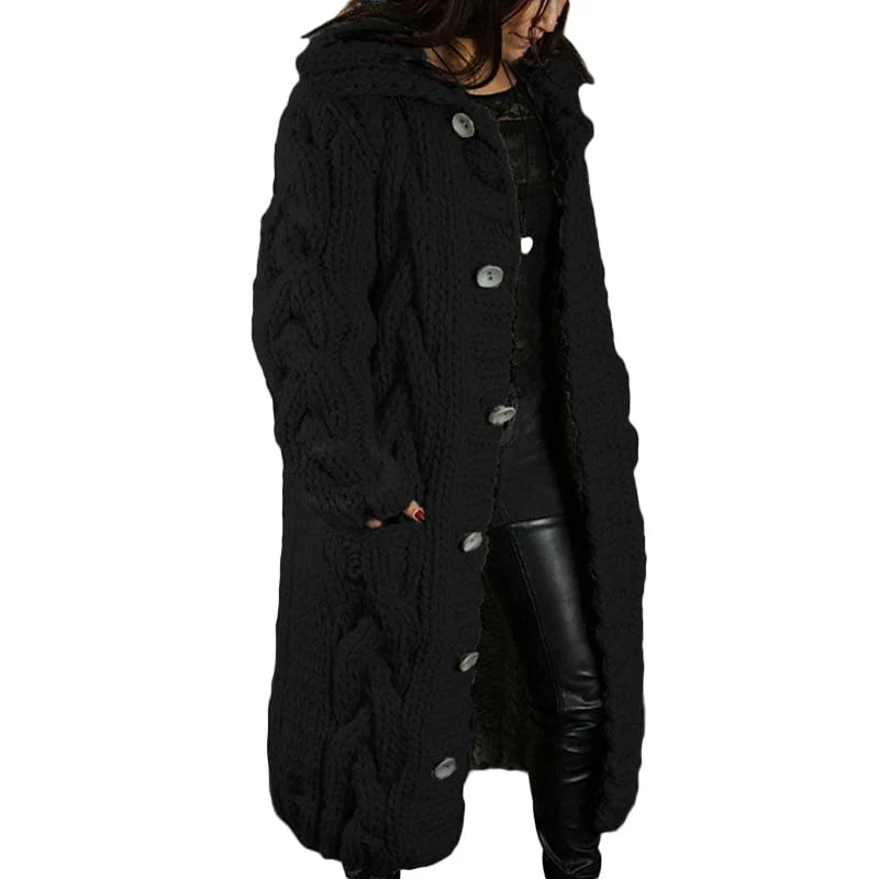 Damen Strickmantel mit Kapuze und Knopfleiste - Wintermode-Schwarz-S-Luzern Mode